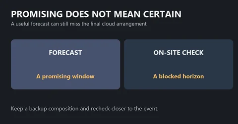 Illustrative comparison between a promising sunset forecast and a blocked horizon at the location, with a reminder to keep a backup plan.