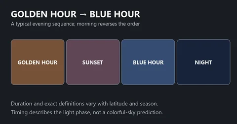 Diagram showing the evening sequence of golden hour, sunset, blue hour and night; timing varies with location and season.