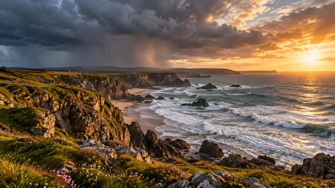 Retreating rain clouds and breaking sunlight above coastal cliffs.