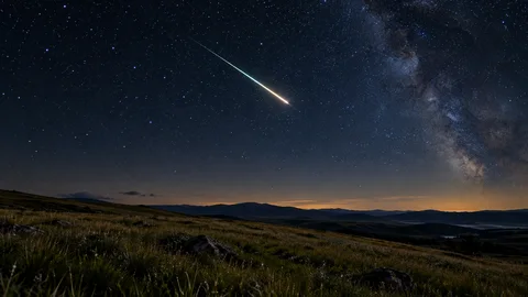 Meteor streak above a grassy hillside beneath a starry night sky.