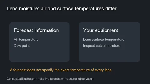 Diagram distinguishing forecast air temperature and dew point from lens surface temperature and actual moisture inspection.