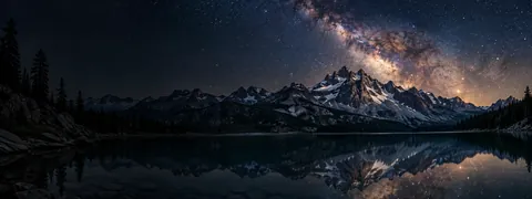Editorial illustration of the Milky Way above mountains and a lake at night.