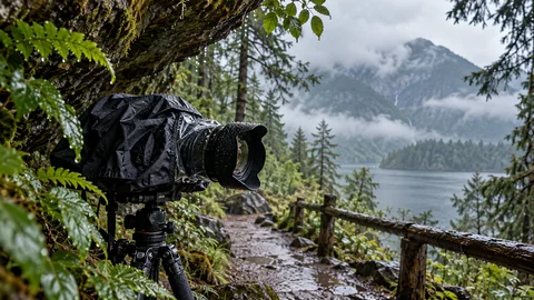 Rain-covered camera beside a sheltered wet woodland path.