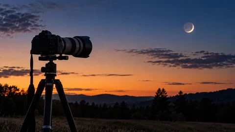 Tripod-mounted telephoto camera facing a crescent Moon above a treeline.