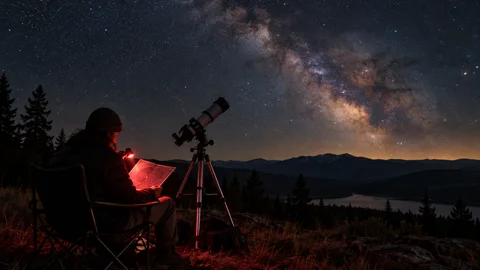 Stargazer using a dim red flashlight beside a telescope in a dark clearing.