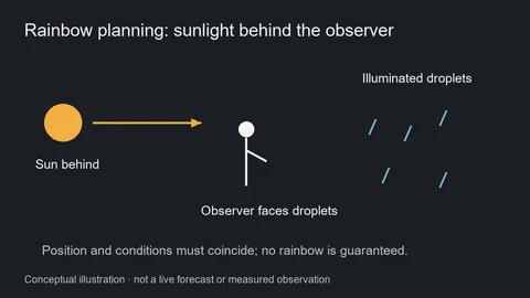 Conceptual diagram with the Sun behind an observer who faces illuminated water droplets.
