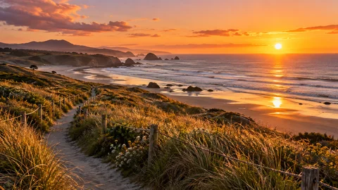 Low sunrise above coastal dunes and a winding footpath.