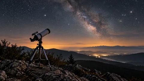 Telescope overlooking a ridge beneath a hazy starry sky.