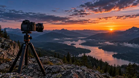 Camera on a tripod overlooking a mountain valley at twilight.