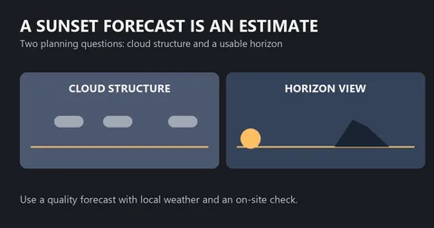 Sunset planning diagram pairing cloud structure with an open horizon; a quality forecast should be checked against local conditions.