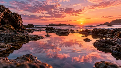 Sunset clouds reflected in tidal pools between coastal rocks.