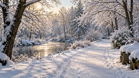 Snow-covered park path and trees in low winter side light.